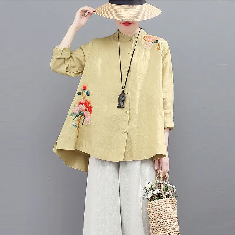 

2023 Summer Cotton Art Embroidery Shirt Tang Suit Hanfu Loose Belly Cover Breathable Cozy Chinese Style Tops Plus Size for Women