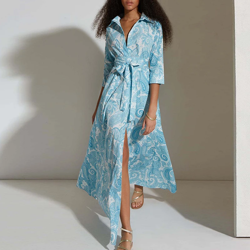 

Commute 2024 Office Lapel Collar Long Dress Women Elegant Floral Print 3/4 Sleeve Slit Dresses Fashion Button Lace-up Bohe Dress