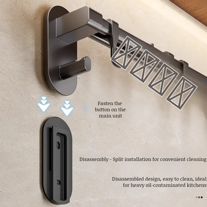 Kitchen Hook Rack No Hole Hanging Rod Wall Mounted Shelf Multifunctional Spatula Spoon Storage Hanging Shelf