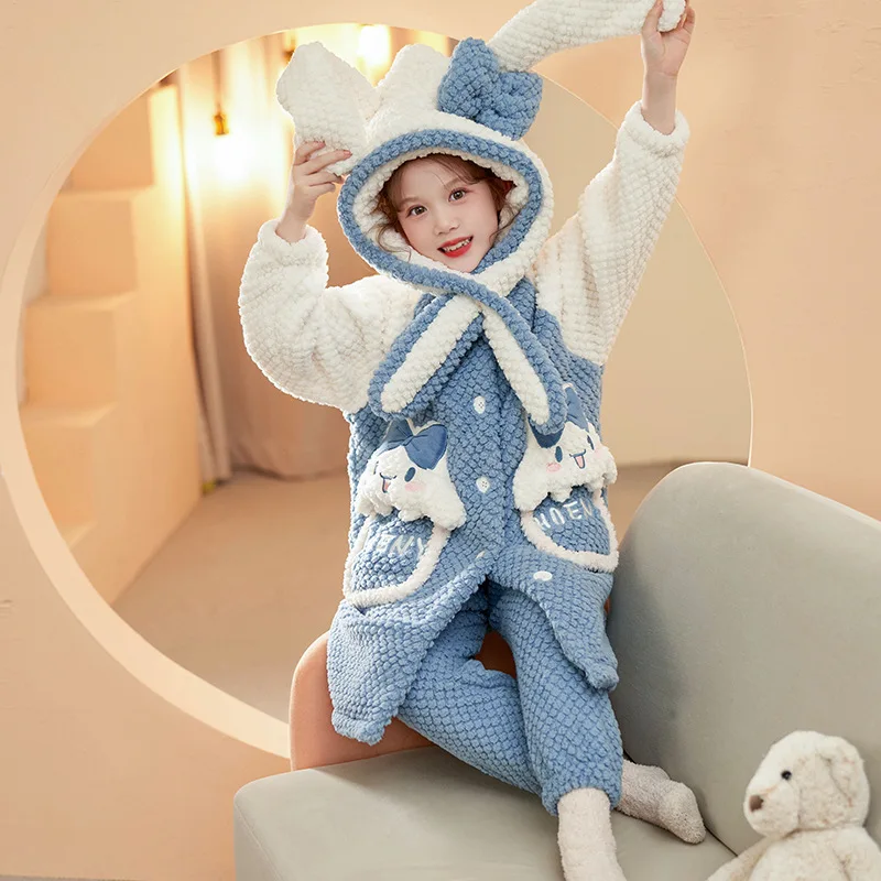 

Детская плюшевая Пижама Sanrios Cinnamoroll с капюшоном, мультяшная зимняя утепленная Домашняя одежда, милая теплая ночная рубашка с длинным рукавом, подарок для девочки