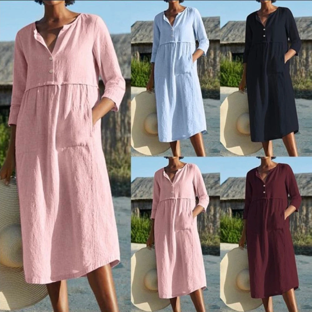 

Casual Harajuku Boho Women Chic Maxi Cotton Linen Dress Retro Oversized Loose Robes Lady Solid Color Pocket Button Vestidos