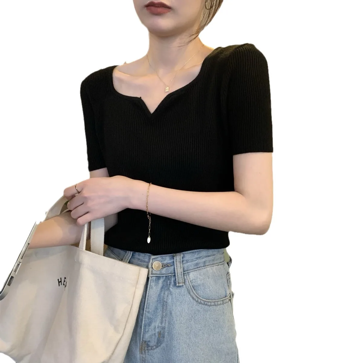 Women Summer Short Sleeve Knitted T Shirt Slim Fit Solid Color