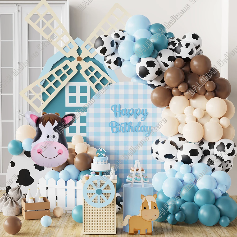 123pcs Farm Animal Theme Balloon Garland Cow Print Blue Balloons for 123pcs-farm-animal-theme-balloon-garland-cow-print-blue-balloons-for
