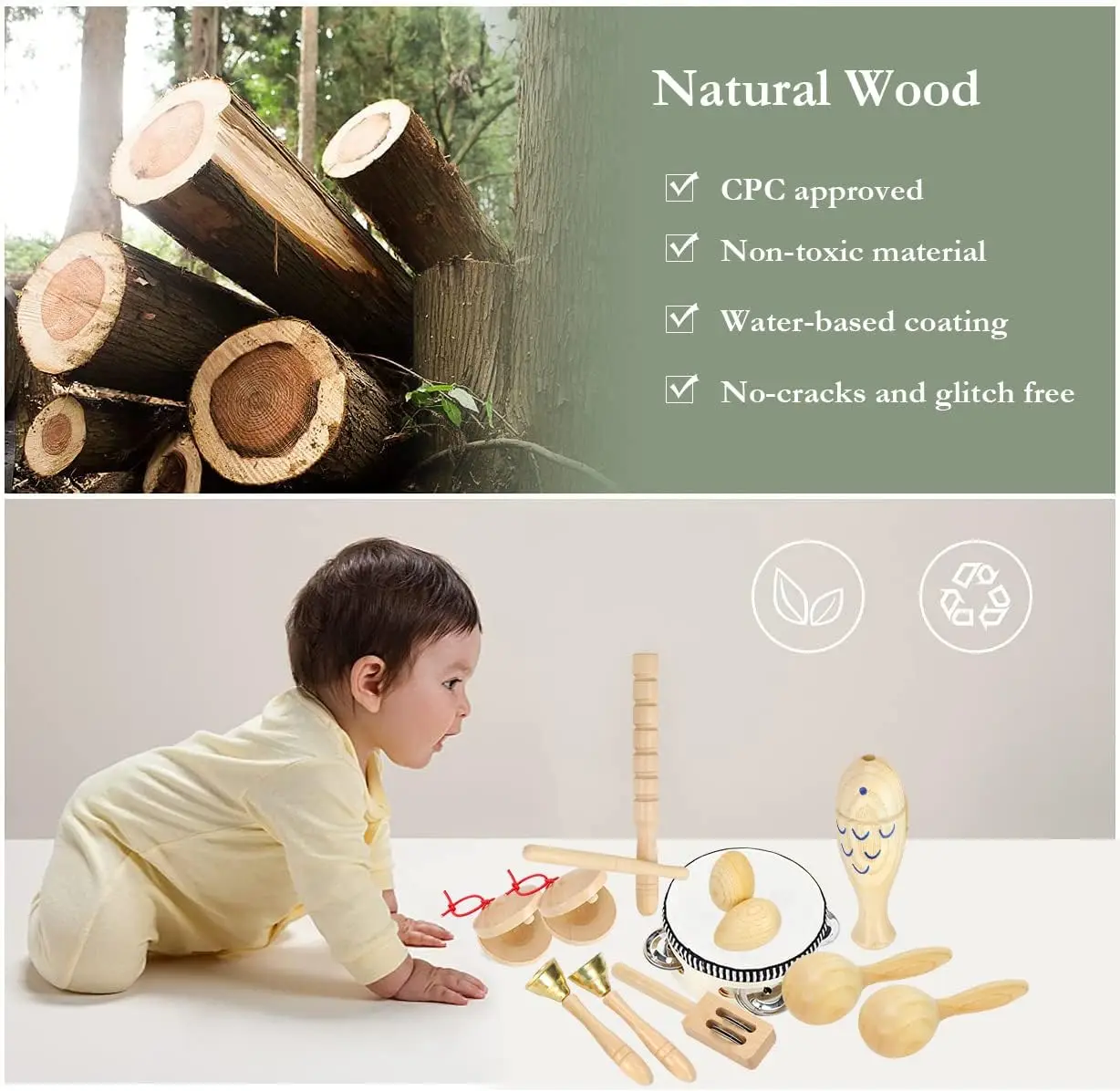 Wooden Musical Instrument Toys for Kids Montessori Baby Rattles Music Percussion Instruments Educational Toy Gift for Boys Girls 3