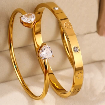 Yupsk 18K banhado a ouro aço inoxidável formato de coração zircônia pulseira aberta para mulheres zircão brilhante presente de dia dos namorados 1