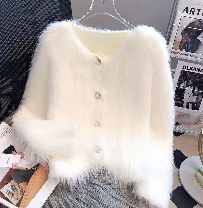 Cropped White Knitted Cardigan Women Korean Mink Cashmere Sweater Outerwear Black Long Sleeve Knitwear Winter Jumpers New