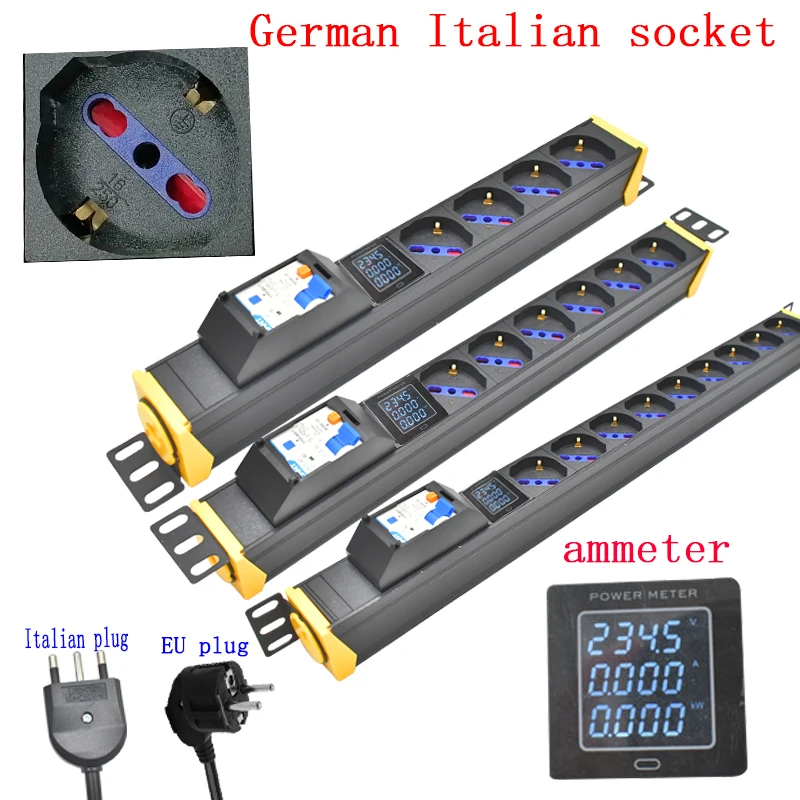 

PDU power strip network cabinet rack 1-9 way German Italian socket 2M line 360 rotating bracket ammeter