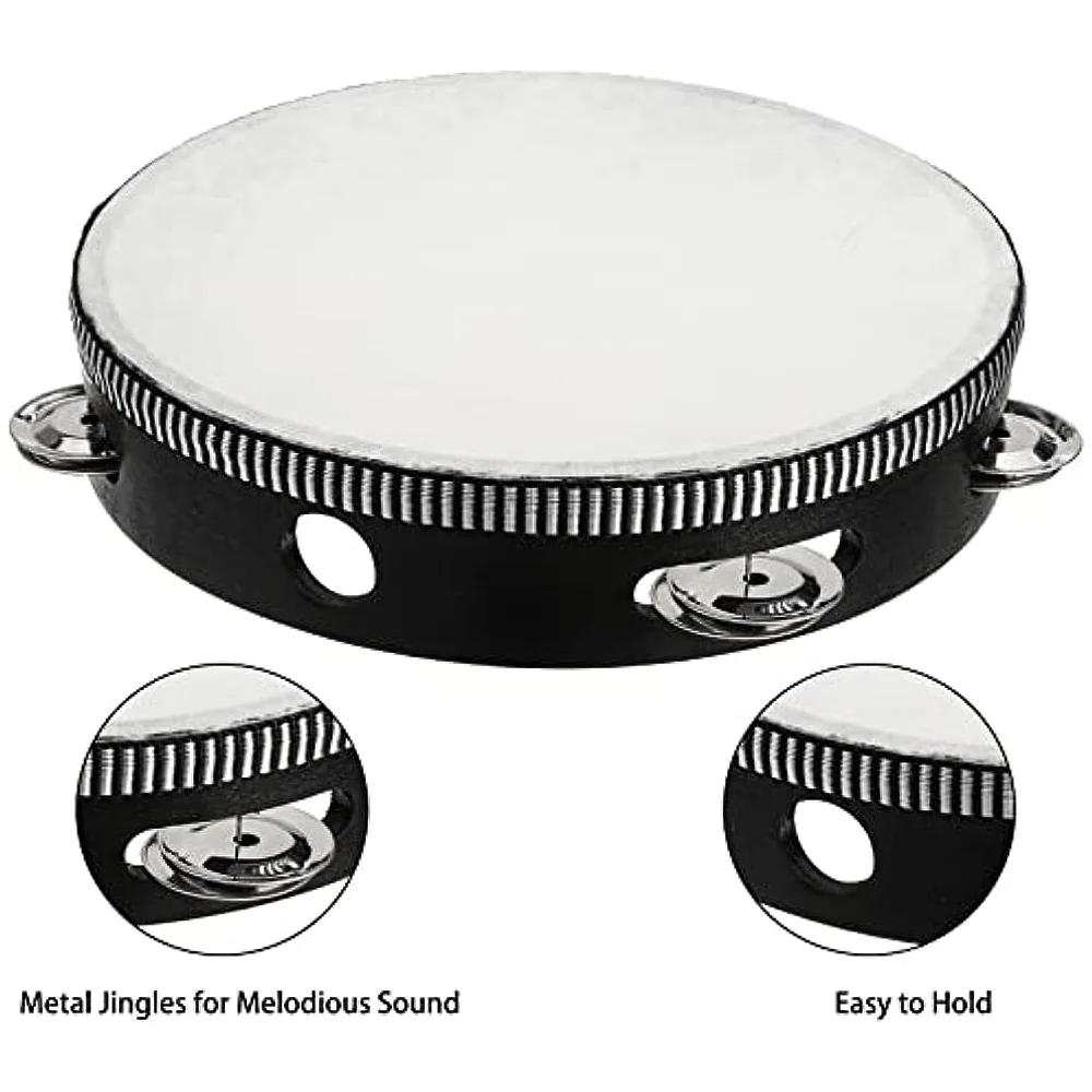 1Pc Wooden Tambourine 4/6/8/10-Inch Black Rim with Metal Jingles Percussion Instrument for Concert Church Party