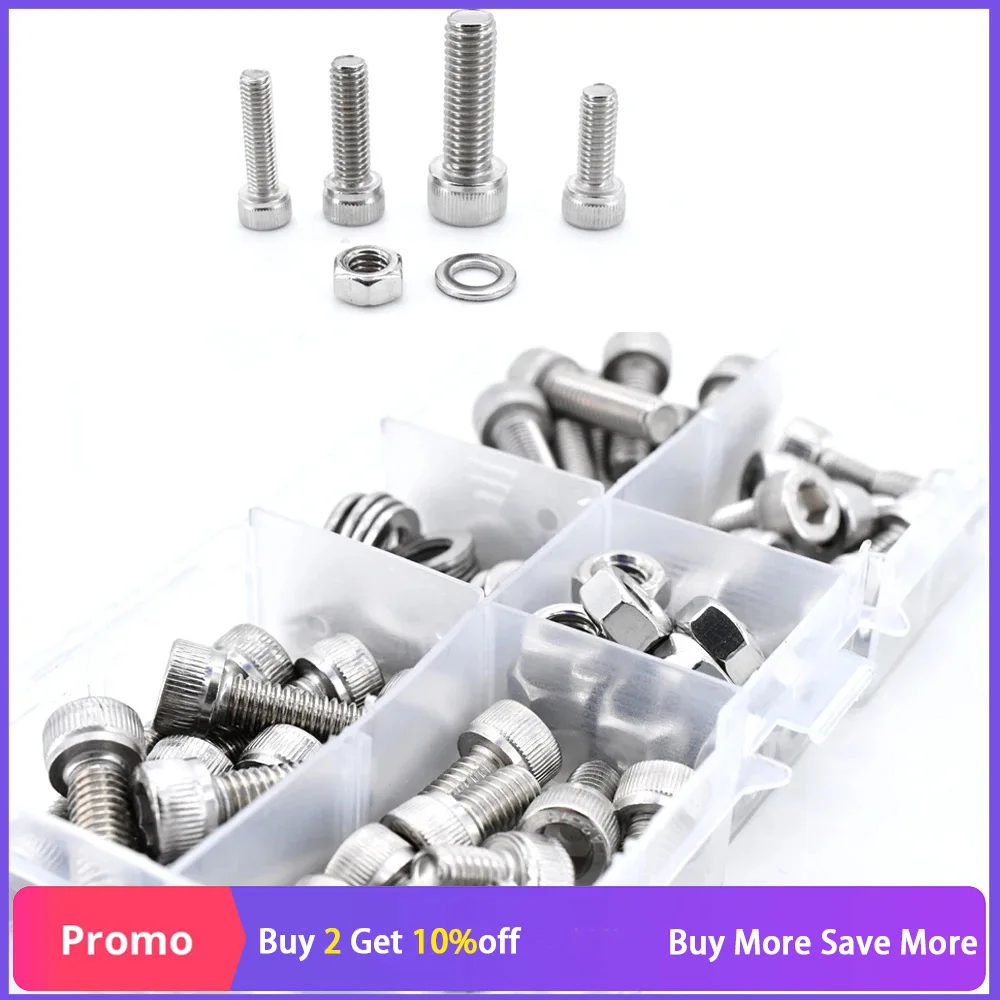M2 M3 M4 M5 M6 Hexagon Socket Cap Screw DIN912 304 Stainless Steel Head Bicycle Hex Bolts and Nuts and Washers Assortment Kit