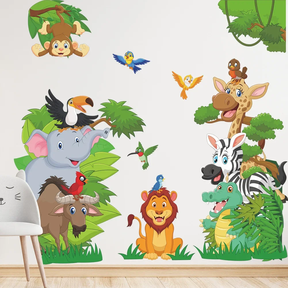 King of forest animals wall stickers for kids rooms boys baby room decorartion jungle giraffe elephant lion bird wallpaper vinyl wall stickers children room decoration