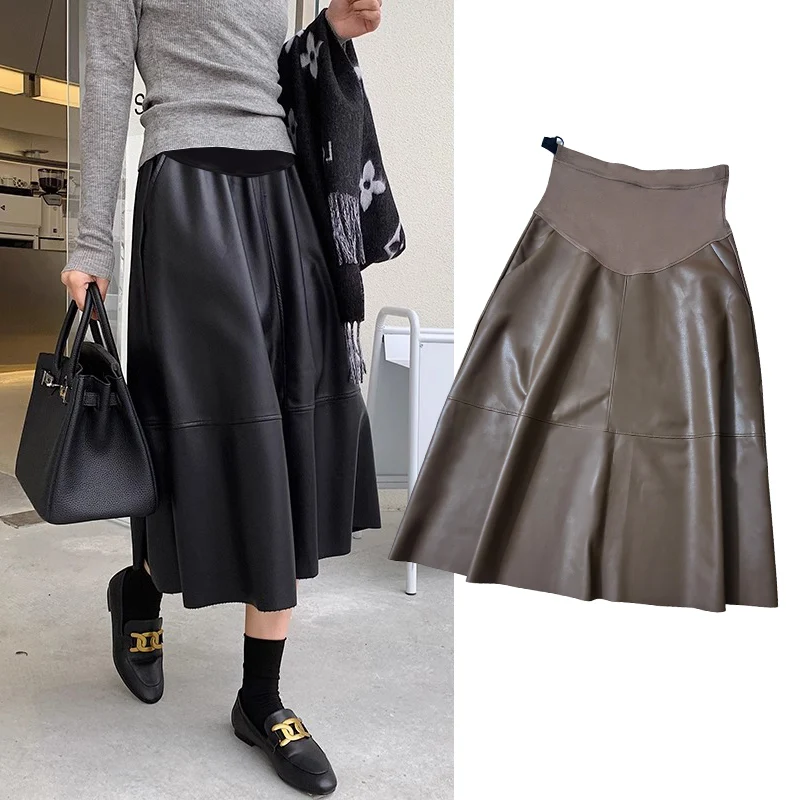 High Quality PU Skirts for Maternity Autumn Winter A Line Skate Loose Bottoms for Pregnant Women Fashion Youth Pregnancy Y2k
