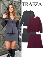 TRAFZA Women Spring Skirt Suits Solid V-Neck Long Sleeve Covered Button Cardigan+High Waist Knitted Mini Skirts Female Slim Sets 1