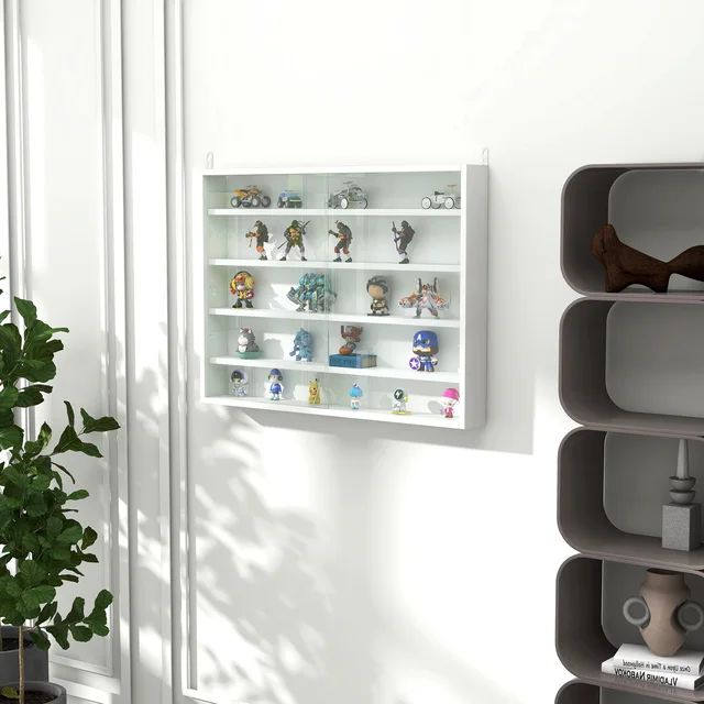 Vitrine Murale 7 Niveaux HOMCOM - 6 étagères Réglables, Portes Coulissantes Verre - 83x80 Cm (couleur Chêne)