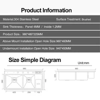 ASRAS อ่างล้างจานคู่ SUS 304 สแตนเลส 4 มม.ความหนา Handmade แปรงขนาดใหญ่ 2 ชามอ่างล้างจานพร้อมถังขยะ 6