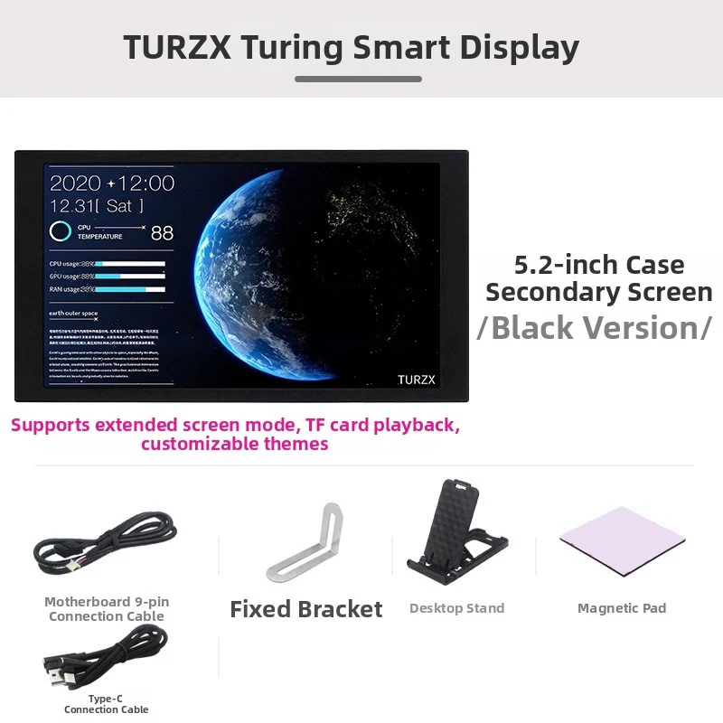 Turzx turing display inteligente 5.2 Polegada tipo-c usb portátil ips perspectiva completa chassi lcd tela de monitoramento secundário