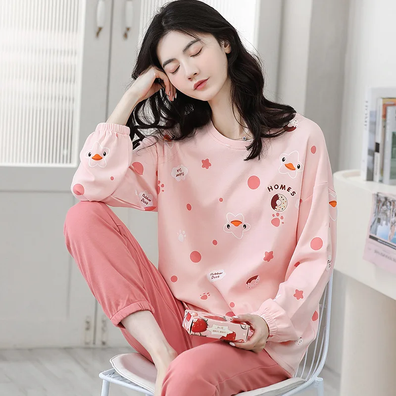 Spring Autumn Women's Pure Cotton Pajamas Round Neck Long Sleeve Pullover Pants Casual Home Clothing Set Comfortable Sleepwear