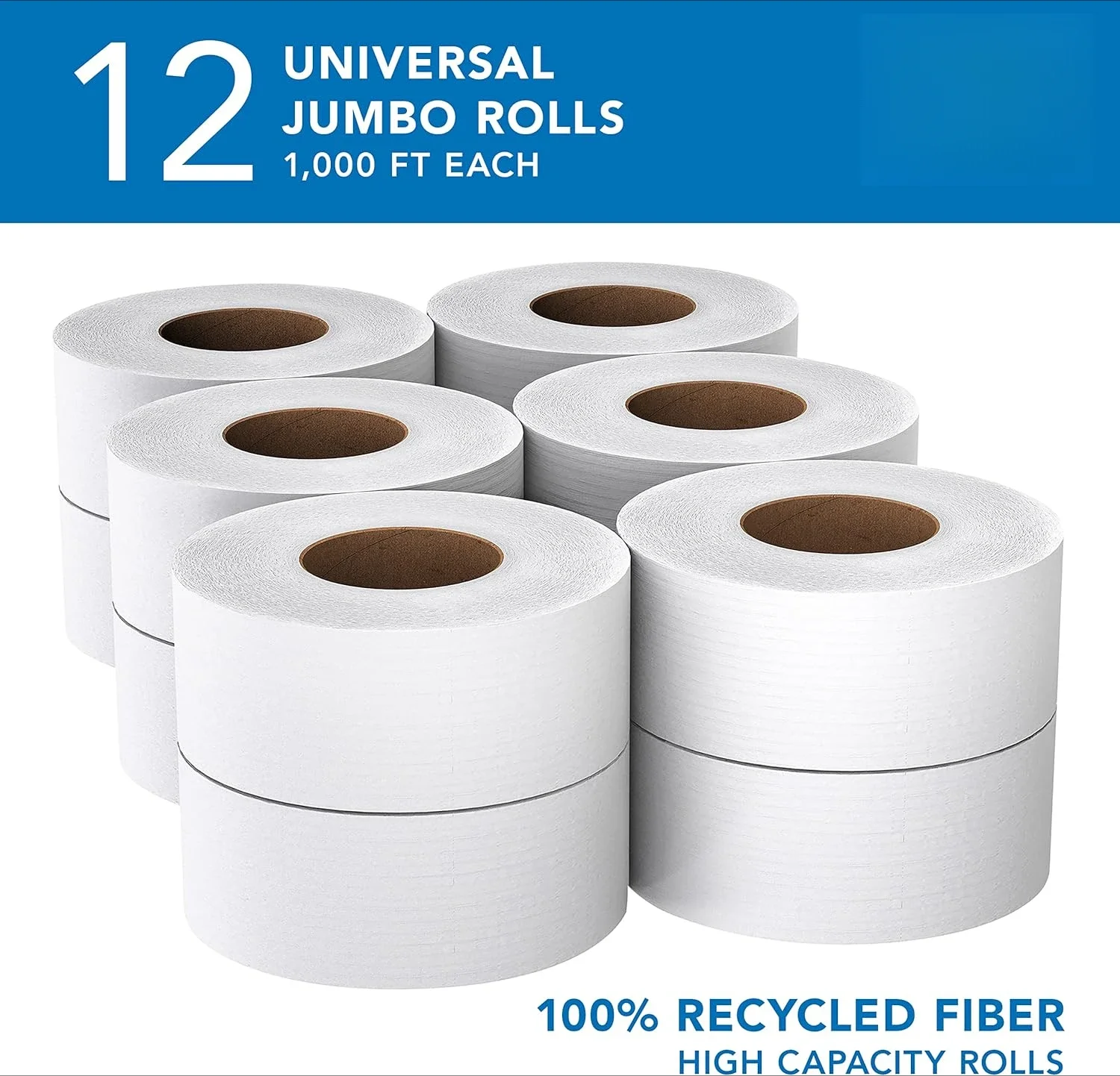 Recycled Fiber High-Capacity Jumbo Roll Bulk Toilet Paper,2-Ply, White (1,000'/Roll, 12 Rolls/Case, 12,000'/Case)