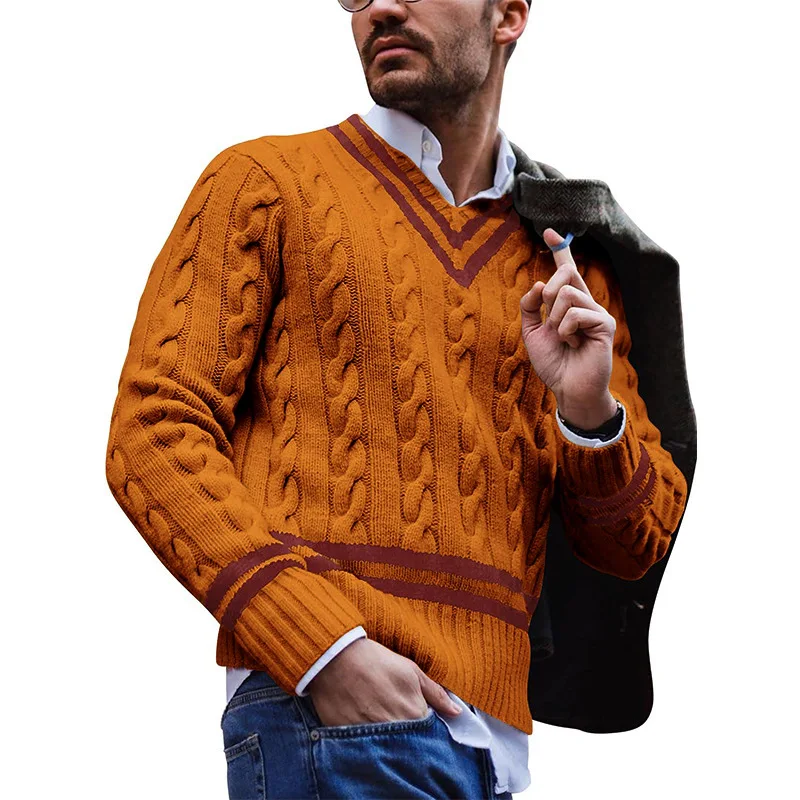 Men's Striped Color Matching Knitted Sweater Autumn Winter Fashion  V-Neck Pullover Loose Sweater