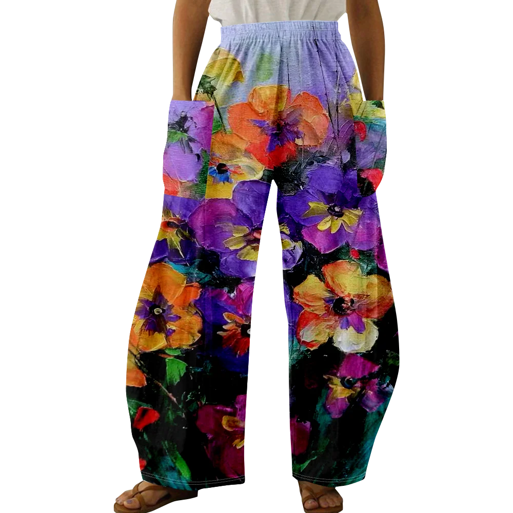 Spring Flower Print Pants Summer Stylish Casual Trousers Women Harajuku Y2K Trousers Pocket Loose Pants Wide Leg Pants Pantalon