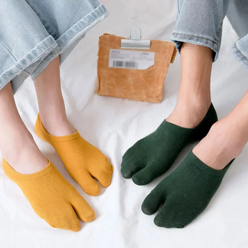 Japanese Combed Cotton Couple Tabi Sock Solid Breathable Two Finger Socks Women Men Non-Slip Invisible Low Cut Two Toe Boat Sock