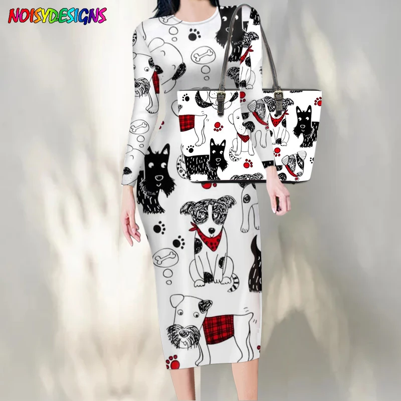 

NOISYDESIGNS Women's Sexy Bodycon Pencil Dress Fashion Puppy Pattern Handabags Large Capacity Tote 2Pcs/Set Cute Dog Printing