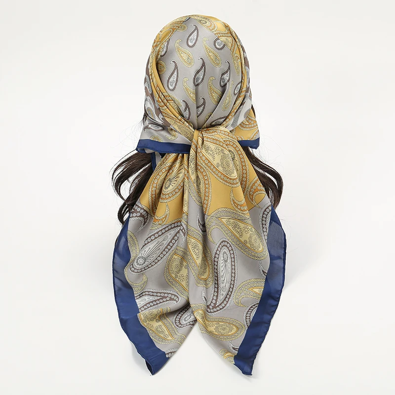 110*110CM Heavy Quality Silk Scarf For Women Printed Square Scarves Muslim Hijabs Headband Islamic Turban Headband Foulard Shawl