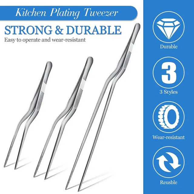 3 Sizes Stainless Steel Precision Kitchen Chef Tongs Tweezers for Food Cooking Picnic Barbecue Cake Decorating 14cm 16cm 20cm 2