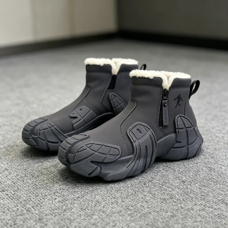Warm Winter Boots for Men, Sizes 39-47, with Fleece Lining, High-Top, Versatile, Round-Toe, Thick-Soled, Lightweight Cotton Shoes, Trendy Outdoor Snow Boots - 5