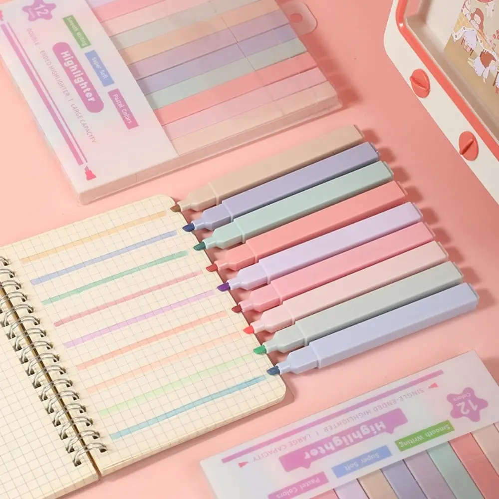 이중 및 단일 헤드 하이라이터 펜, 문구 용품, 파스텔 하이라이터, 형광 컬러 마커, 쓰기 펜, 12 색