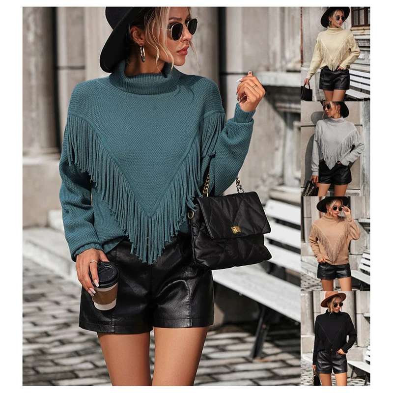 

Женский свитер, новинка осень-зима 2023, женский свободный свитер с бахромой, вязаный свитер с высоким воротником и длинным рукавом, женский свитер