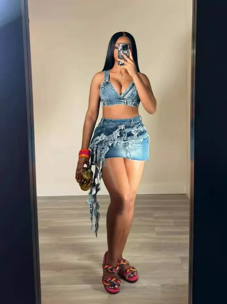 Fashion Denim Women's Set Spaghetti Strap V-neck Crop Top and Bodycon Midi Skirt 2024 Street Two 2 Piece Sets Outfits