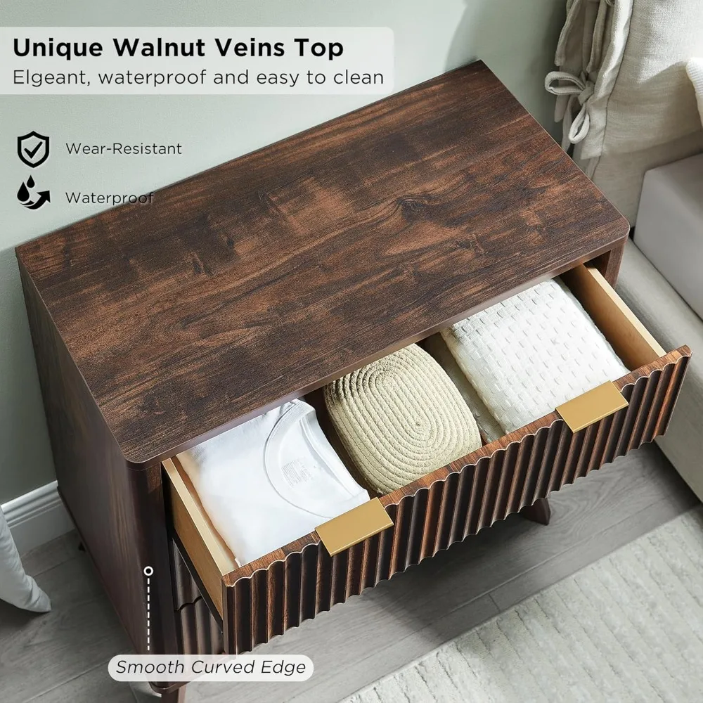 32" Tall Fluted Nightstand Set of 2, Modern Side Table, 3 Drawers End Table w/Storage, Bedside for Bedroom, Nightstands 4
