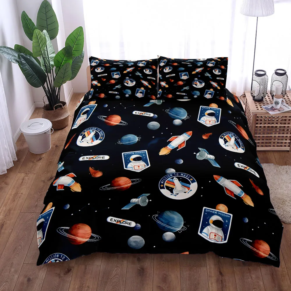 Dinosaur Space Night Duvet Cover Set King Queen Double Full Twin Single Size Navy Bed Linen Set 5