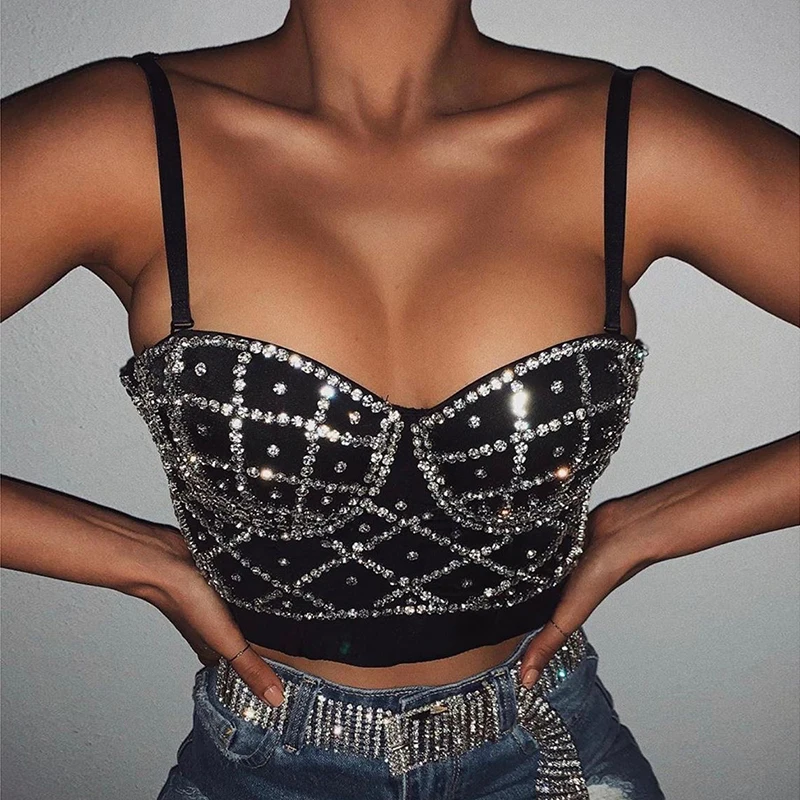 Sparkly Diamond Women Sexy Corset Tops Y2K Streetwear Chic Tank Top Crystal Rhinestone Bustiers