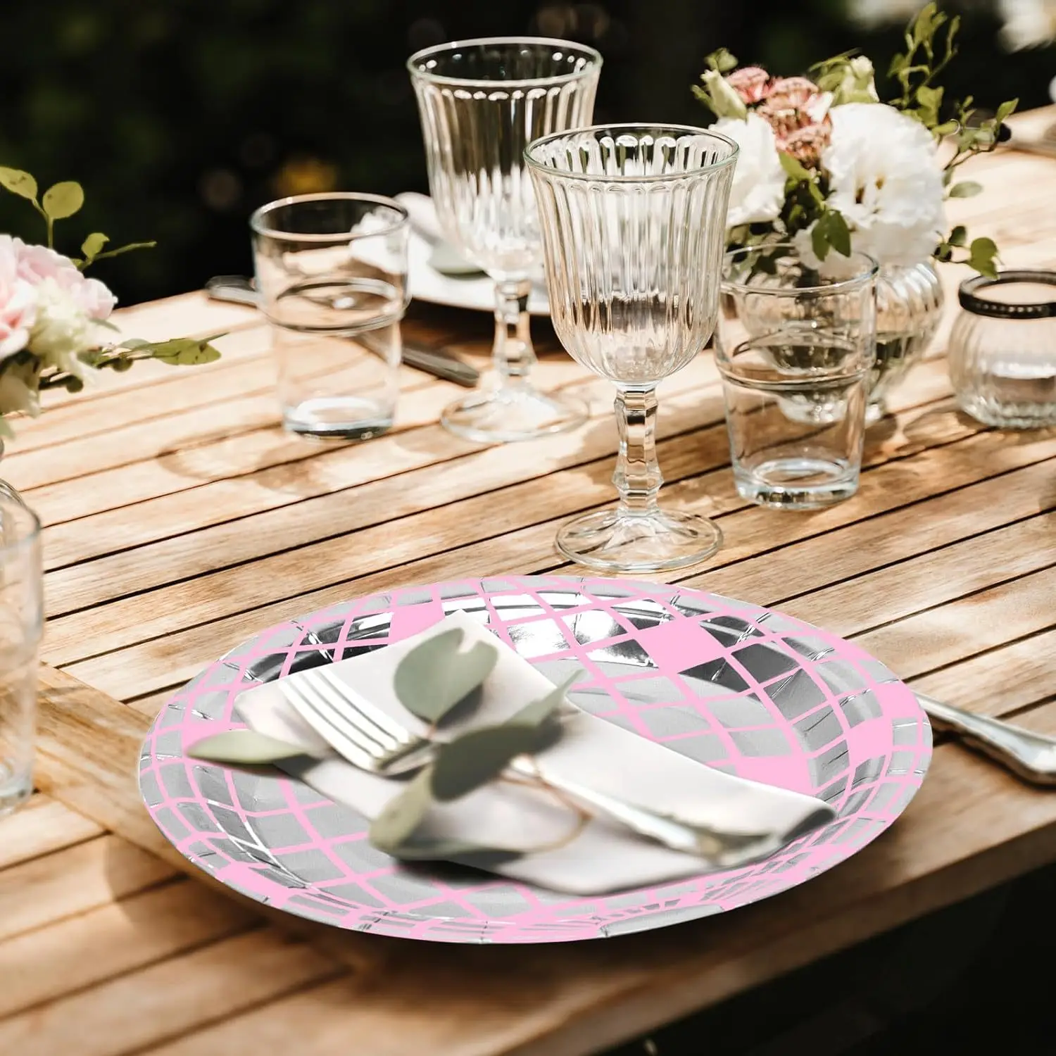 Pink Disco Ball Theme Disposable Tableware Pink Silver Disco Plates Cups Napkins Adults Women Happy Birthday Party Decor