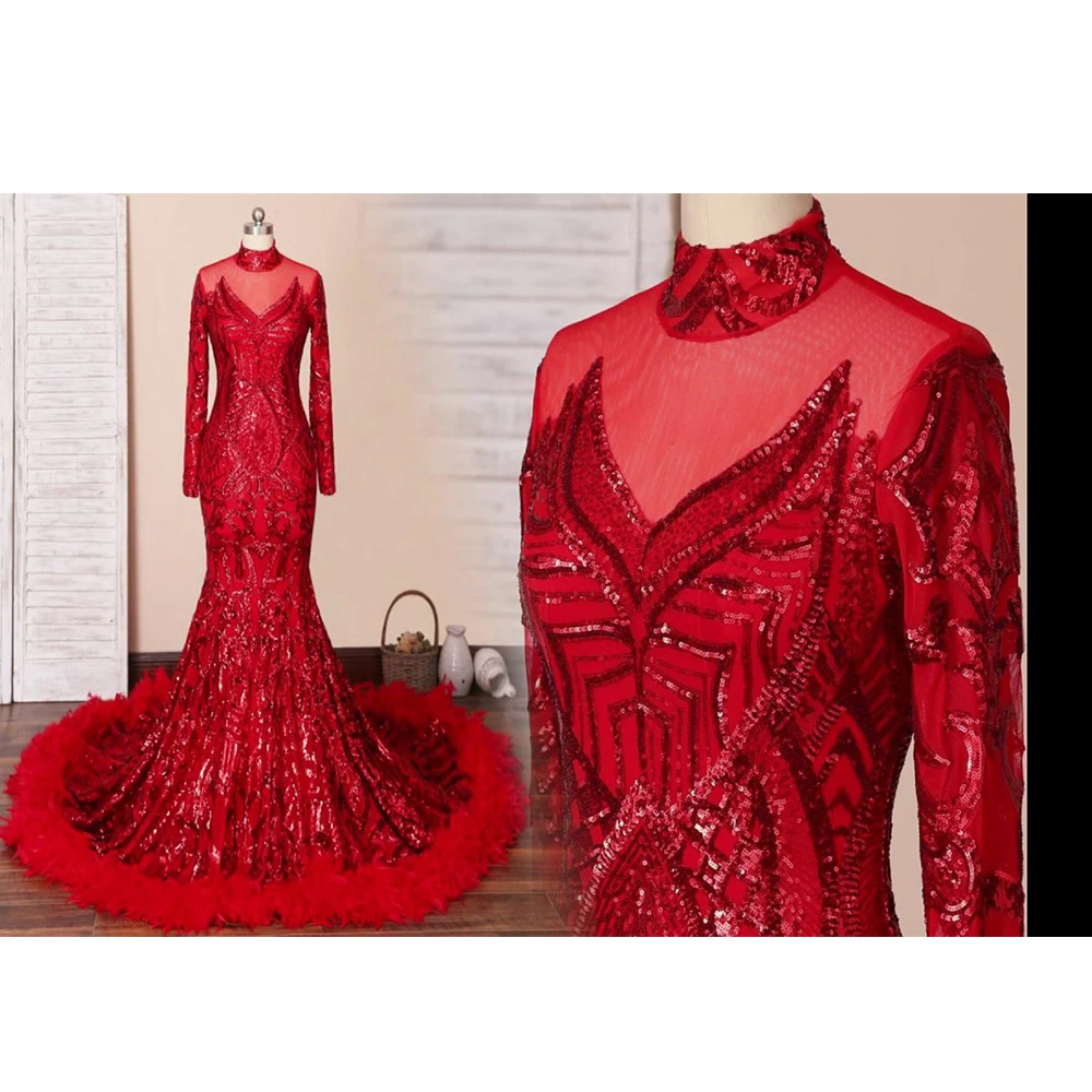 Elegant Red Prom Dresses Woman Dance Ball Gowns Long Sleeve Mermaid  Feather Evening Formal Party Clothing