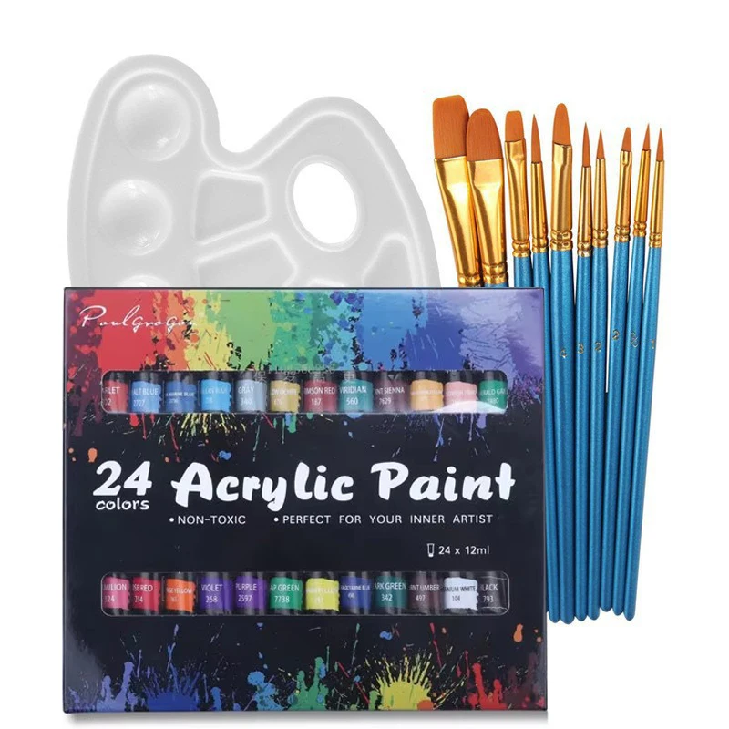 مجموعة دهانات أكريليك مكونة من 24 لونًا مجموعة فرش احترافية 12 مللي أنابيب رسم فنان صبغ مرسومة يدويًا طلاء جدران DIY