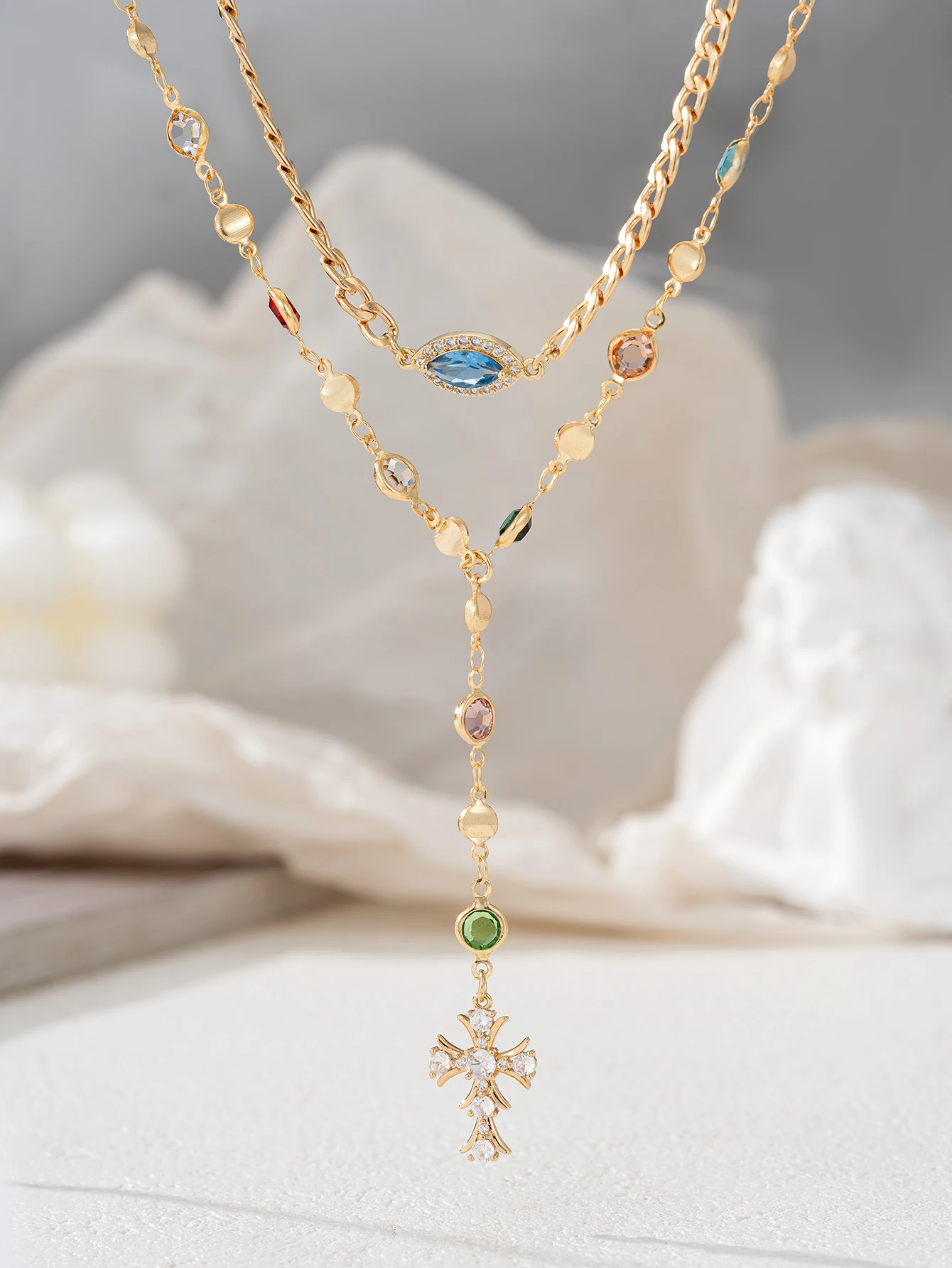 Layered Colorful Cubic Zirconia Cross & Evil Eye Necklace - Y-Shaped Drop Chain