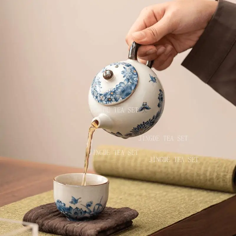 Ru Kiln Butterfly Love Flower Dragon Egg Teapot Chinese Household Ceramic Tea Pot with Sliced Tea Leaves Kung Fu Small Tea Set