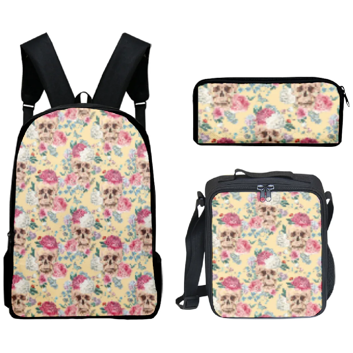 3psc/set Flower Skull Backpack Primary Middle School Students Boys Girls Schoolbag Lunch Bag Pen Case 3D Oxford Travel Backpack