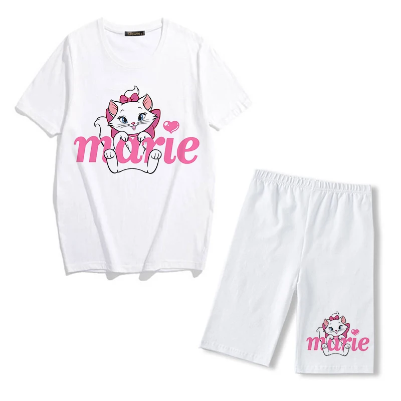 two piece sets Summer Fashion Disney Marie Cat Print Two Piece Set Women Tracksuit Casual Short Sleeve T Shirts And Biker Sports Shorts Outfits sweatpants set