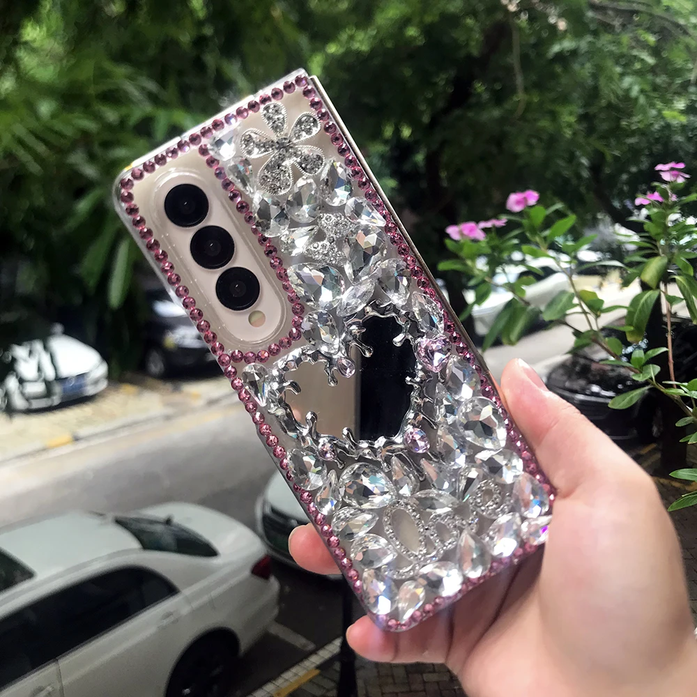 Bling Rhinestone Broken Heart Mirror Phone Case with Diamond Flower and Water Drop Crystal Design