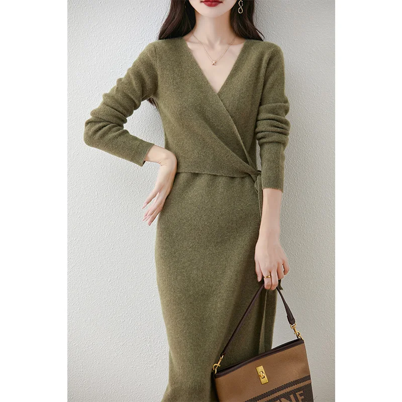 Autumn Winter Women 100% Pure Wool Pullover Dress French V-neck Elegant Light Luxury Slim Fit Fashion Long Knitted skirts