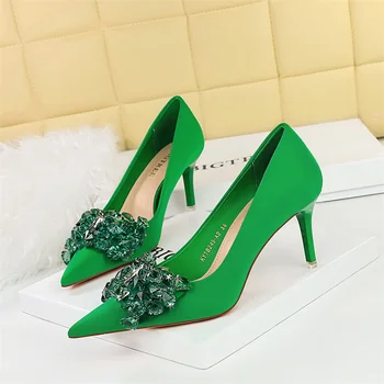 Rhinestones Women Pointed Toe Shallow Mouth Pumps Crystal Bow knot Satin Sandals Summer High Heel Party Prom Single Shoes