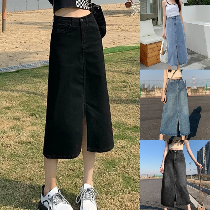 

Split Denim Women Long Skirts Summer High Waisted Denim Skirt New Summer A-line Skirt With Wrapped Buttocks Skirt Pear Shaped