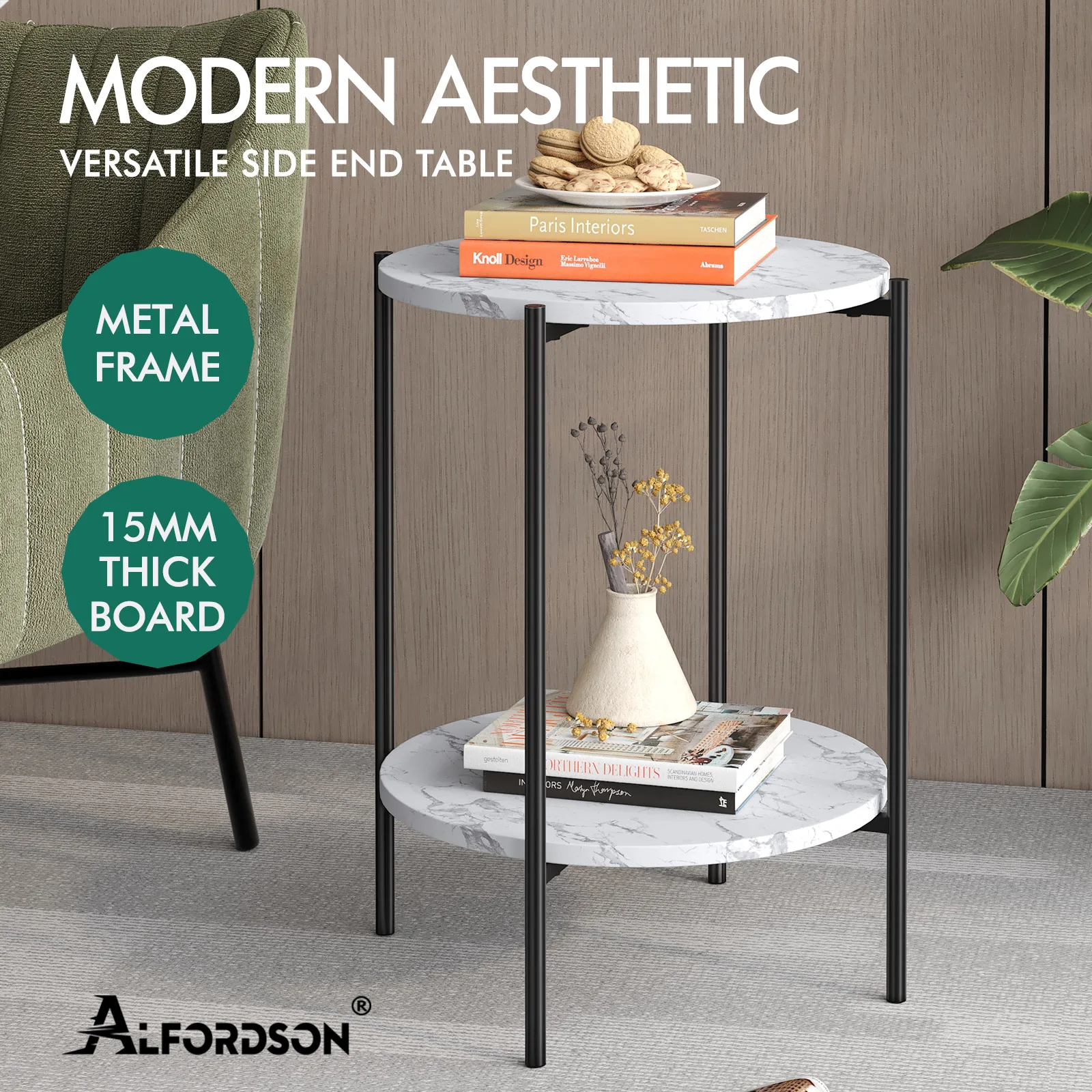 ALFORDSON Side Table Sofa End Bedside Nightstand Round Marble Shelf