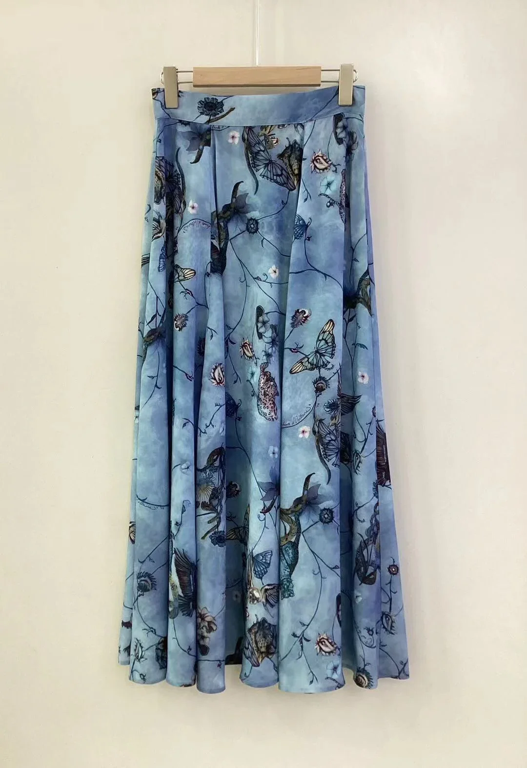 

Women 100% Silk Midi Jupe Floral Butterfly Skull Printed High Waist Elegant Summer 2024 Skirt with Pockets
