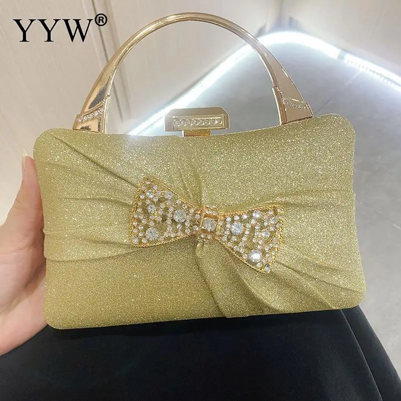 Luxury Sequins Women Clutch Handbag with Rhinestone Bowknot Top Handle Lady Party Evening Diamond Bead Messenger Purse Chain Bag