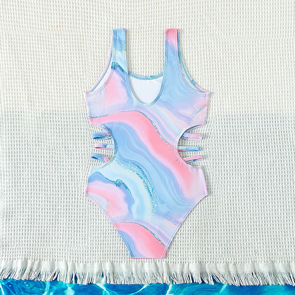 One Piece Swimsuit Children Swimsuit Children Swimsuits New Design kids Tie-dye Print One-piece Swimsuit for Teen Girls Blue Swimwears Bathing Suits 5-15 Years