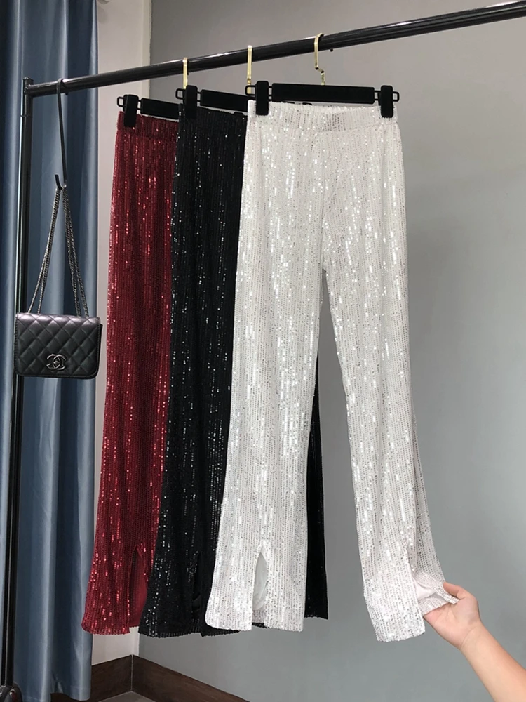 The New Women's Fashion Shining White Trousers Show Tall Waist Sequins Flares Pants
